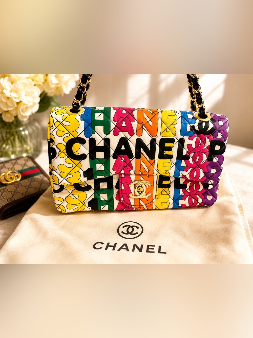 Unlisted Multicolor Quilted Logo Shoulder Bag with Gold Chain